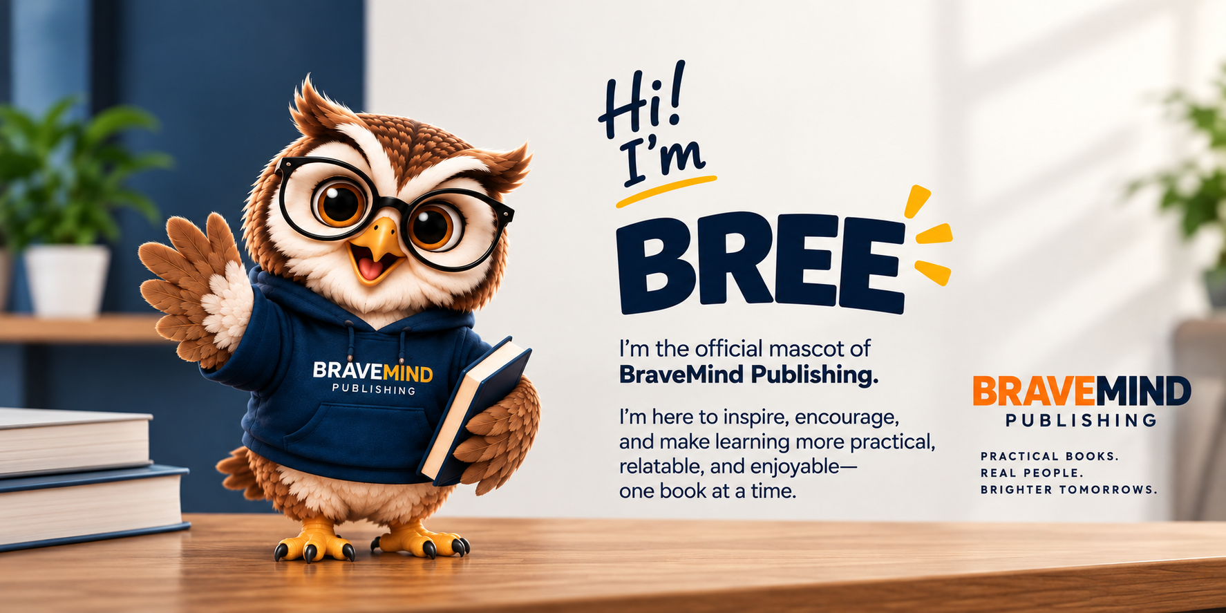 Bree, the official mascot of BraveMind Publishing — an owl wearing glasses and a navy BRAVEMIND PUBLISHING hoodie, waving beside a book, with the message 'Hi! I'm BREE' and the tagline 'Practical books. Real people. Brighter tomorrows.'