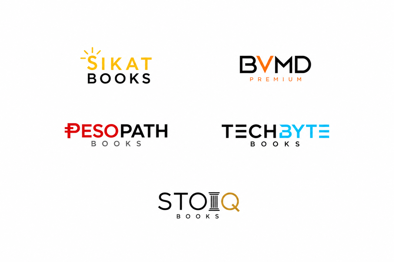 Our publishing imprints: SIKAT BOOKS, BVMD PREMIUM, PESOPATH BOOKS, TECHBYTE BOOKS, and STOI Q BOOKS