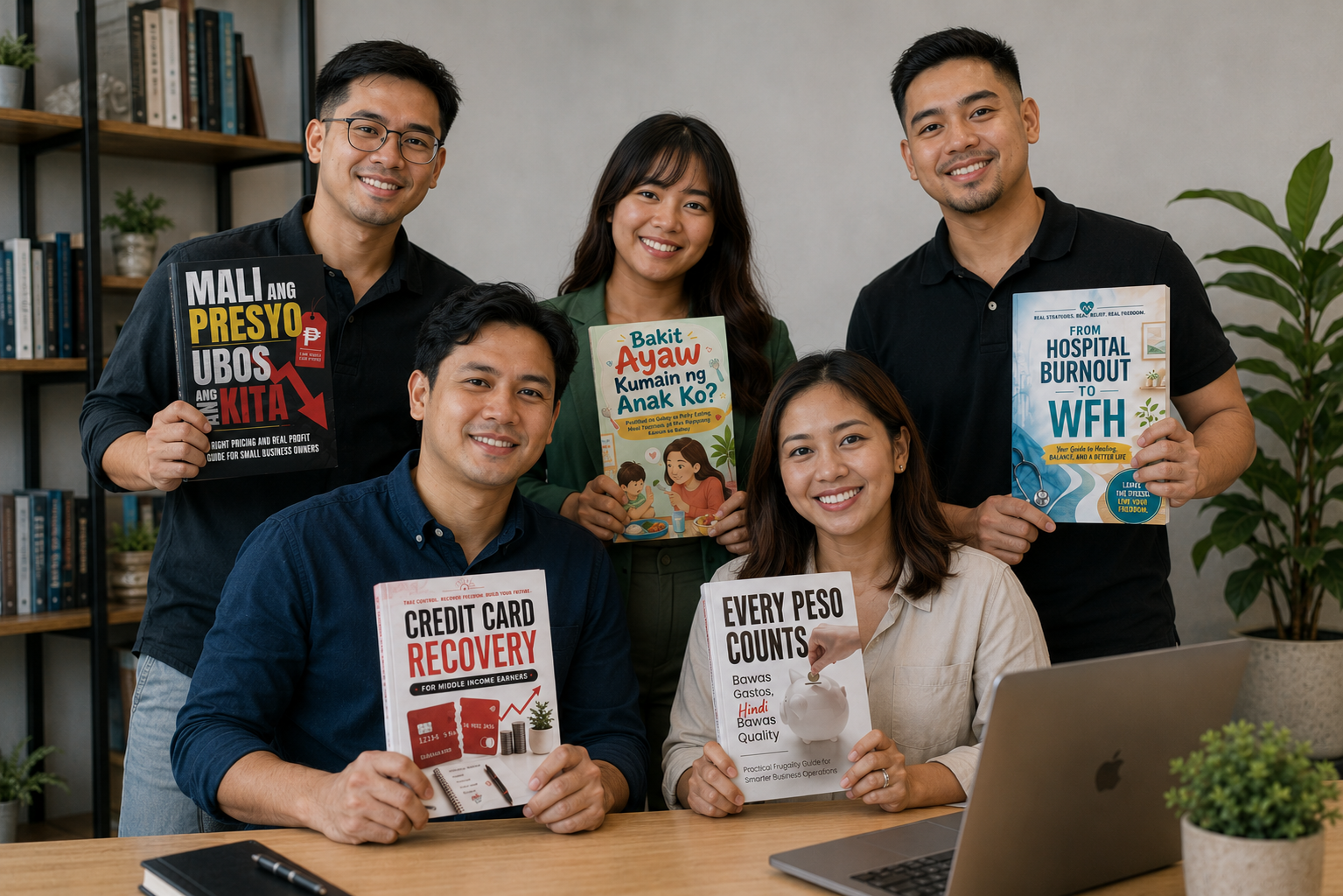 The BraveMind Publishing team holding published titles, including business, personal finance, parenting, and career books