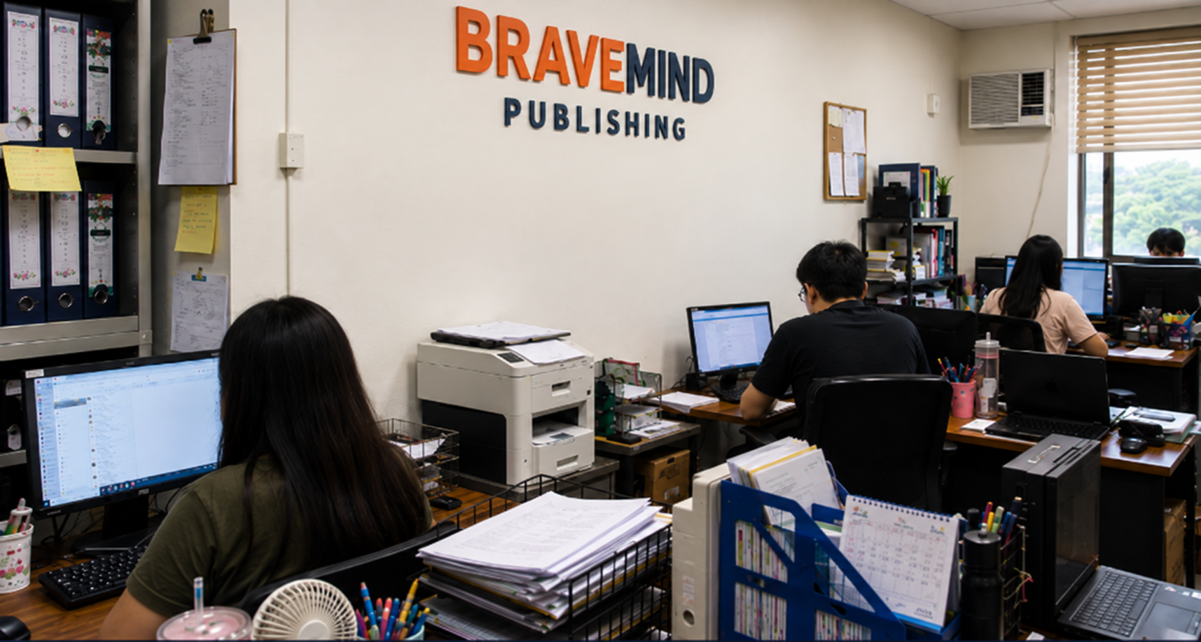 The BraveMind Publishing office, with the BRAVEMIND PUBLISHING wall logo above the team working at their desks